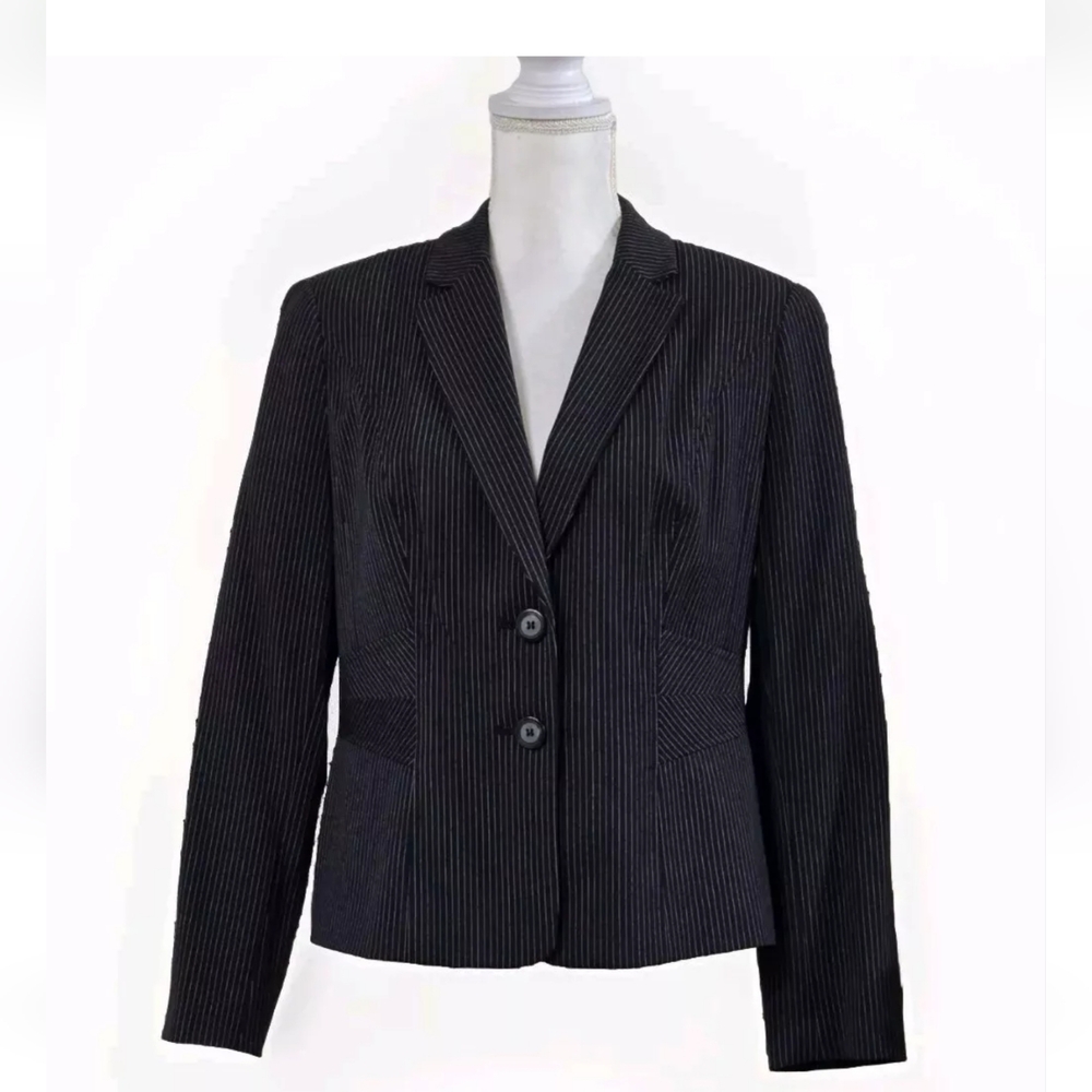 Worthington Petites Black Pinstripe Blazer 2 Button Long Sleeve Lined Office 12P